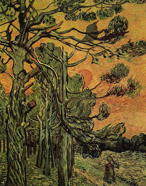 Palm Trees against a Red Sky with Setting Sun, Vincent Van Gogh